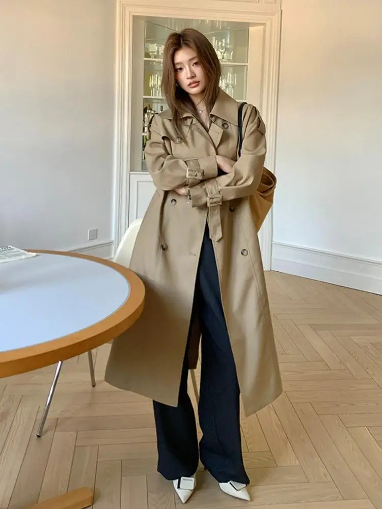 

Korean Fashion Khaki Double Breasted Long Sleeve Cardigan Trench Coat Autumn Women Versatile Vacation Jacket Clothing Streetwear