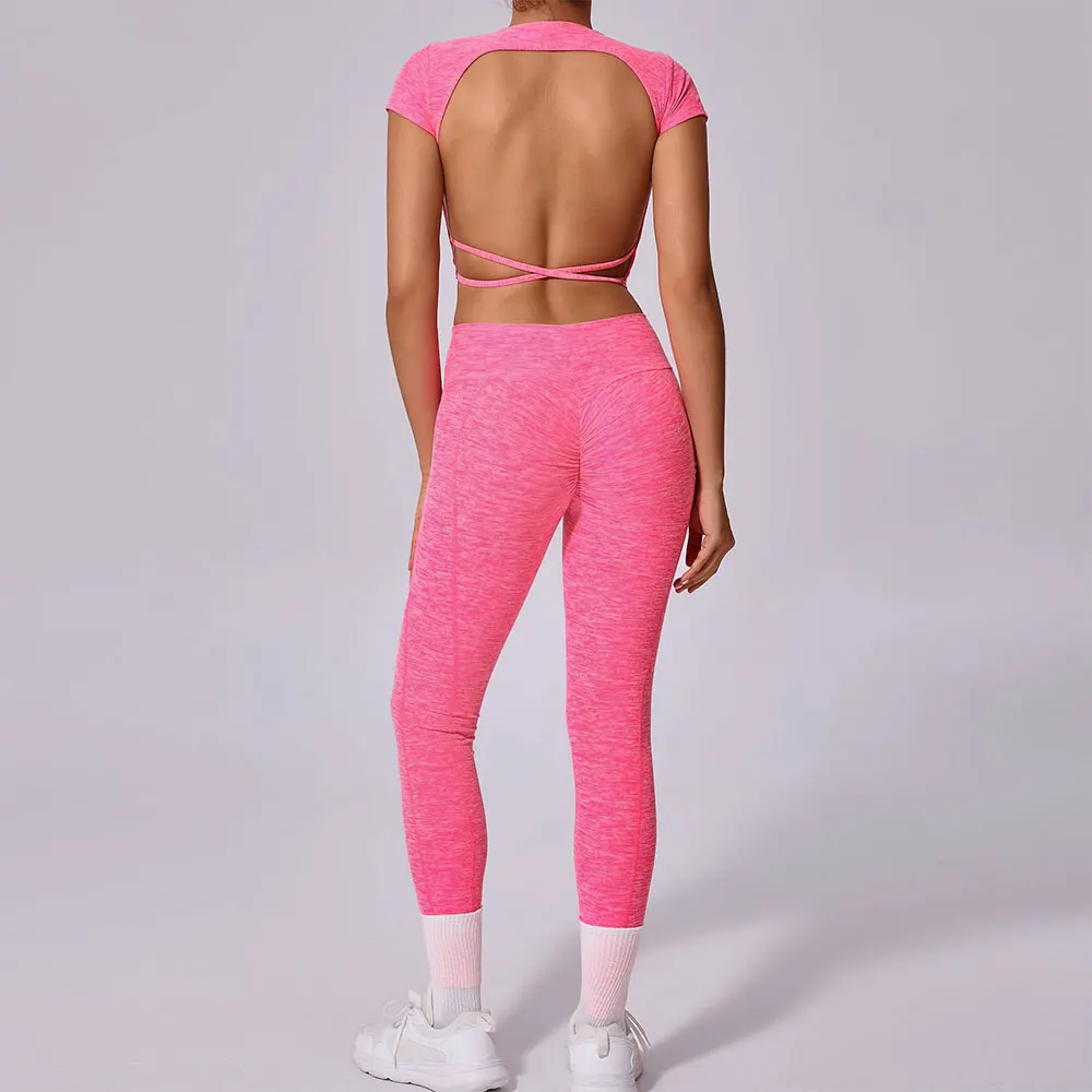 

2pcs Women Seamless Yoga Set Sport Suit Gymwear Workout Clothes Short Sleeves Gym High Waist Leggings Fitness Sports Wear