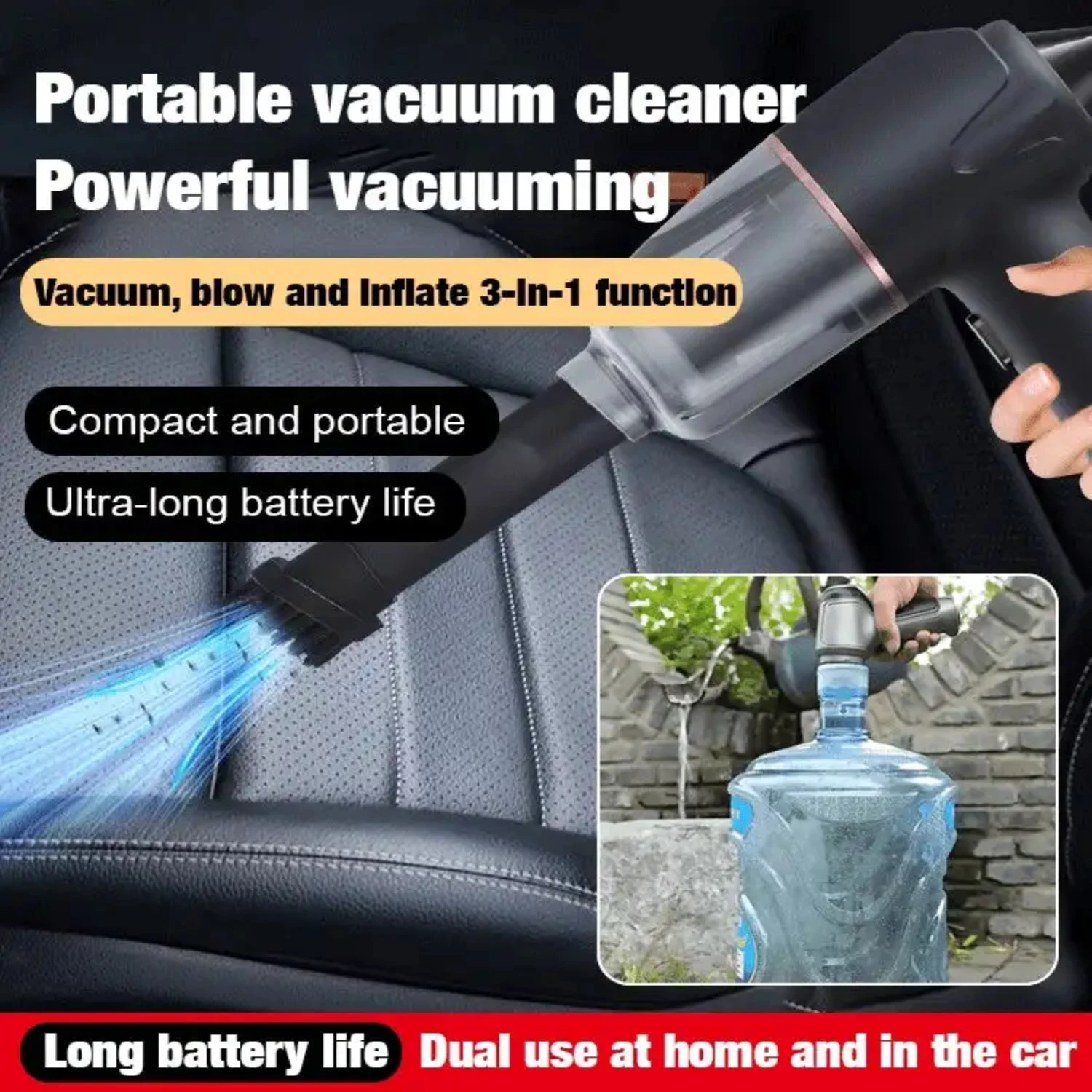 Blow, Vacuum and Inflate all-in-one Cordless Vacuum Cleaner for  and Car Blæs, Støvsug og Pust op i én trådløs støvsuger t