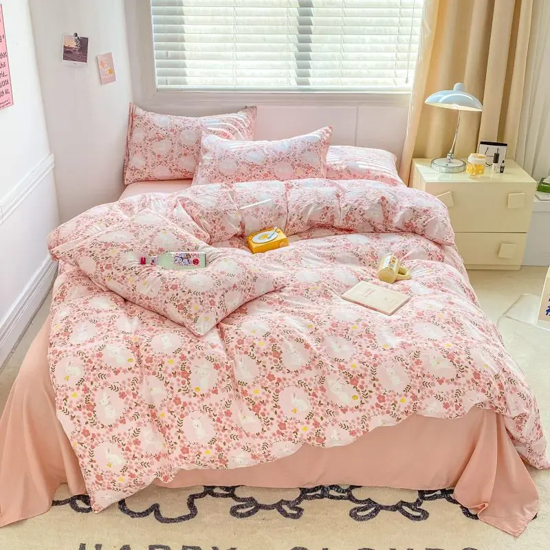 Ins Style Summer Simple Graffiti Double Layer Yarn Water Washed Cotton Four Piece Set Bed Sheet Quilt Set Dormitory Bedding Set