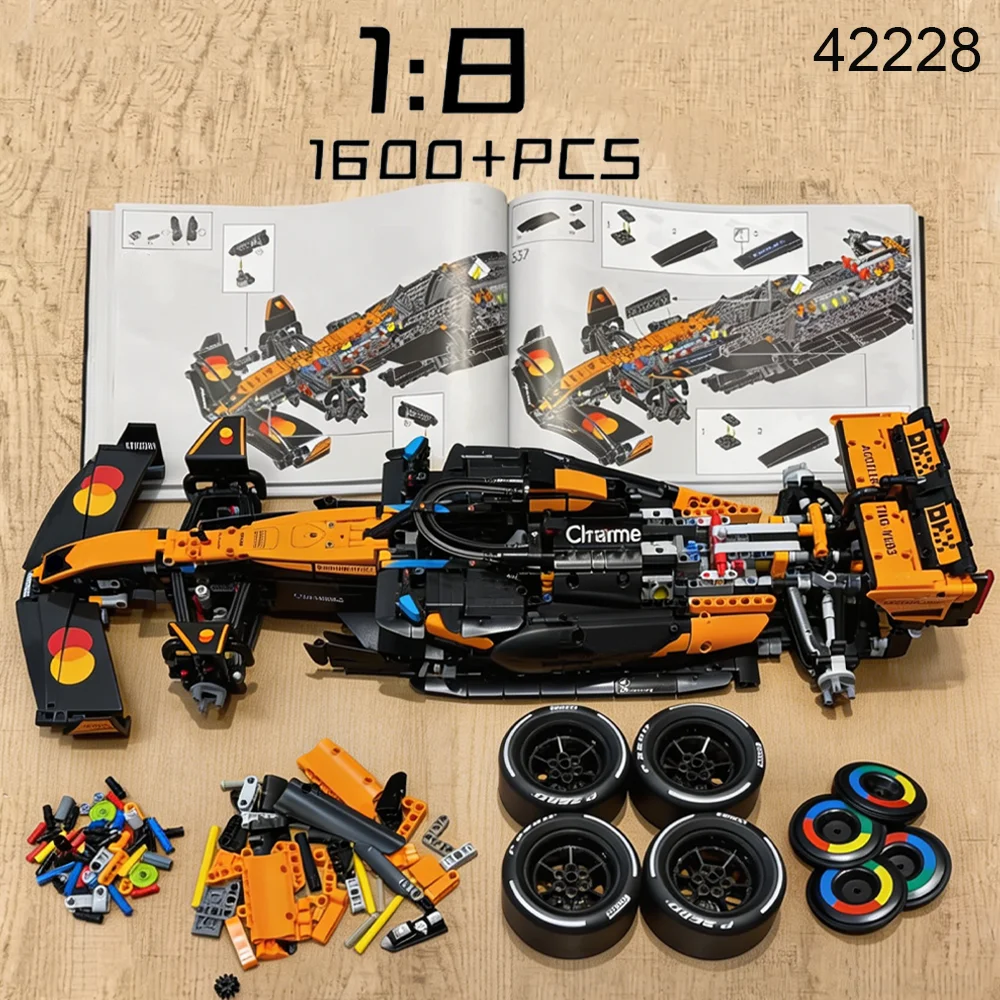 

НОВИНКА! Технический конструктор 42228, 1675 деталей, 1:8, оранжевый спортивный автомобиль MCL39, набор для сборки MOC, модель для самостоятельной сборки, игрушка-подарок для мальчиков и детей.