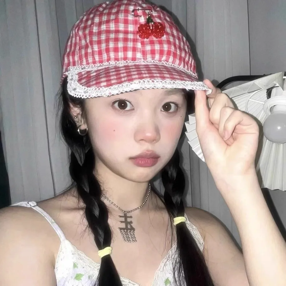 

Casual Sunscreen Cherry Pin Cap Peaked Cotton Red Plaid Hat Cute Sweet Lace Baseball Cap Streetwear