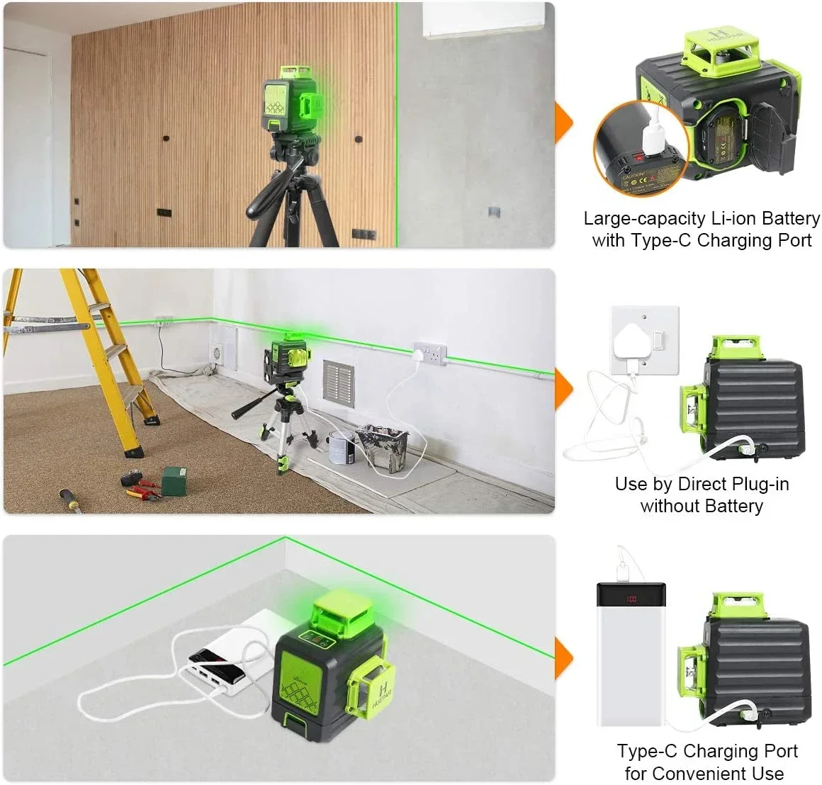 Huepar B03CG 12 Beams Laser Level 3D 360 Outdoor Green Leveling Rechargeable Li-ion Battery With Type-C Charging Port