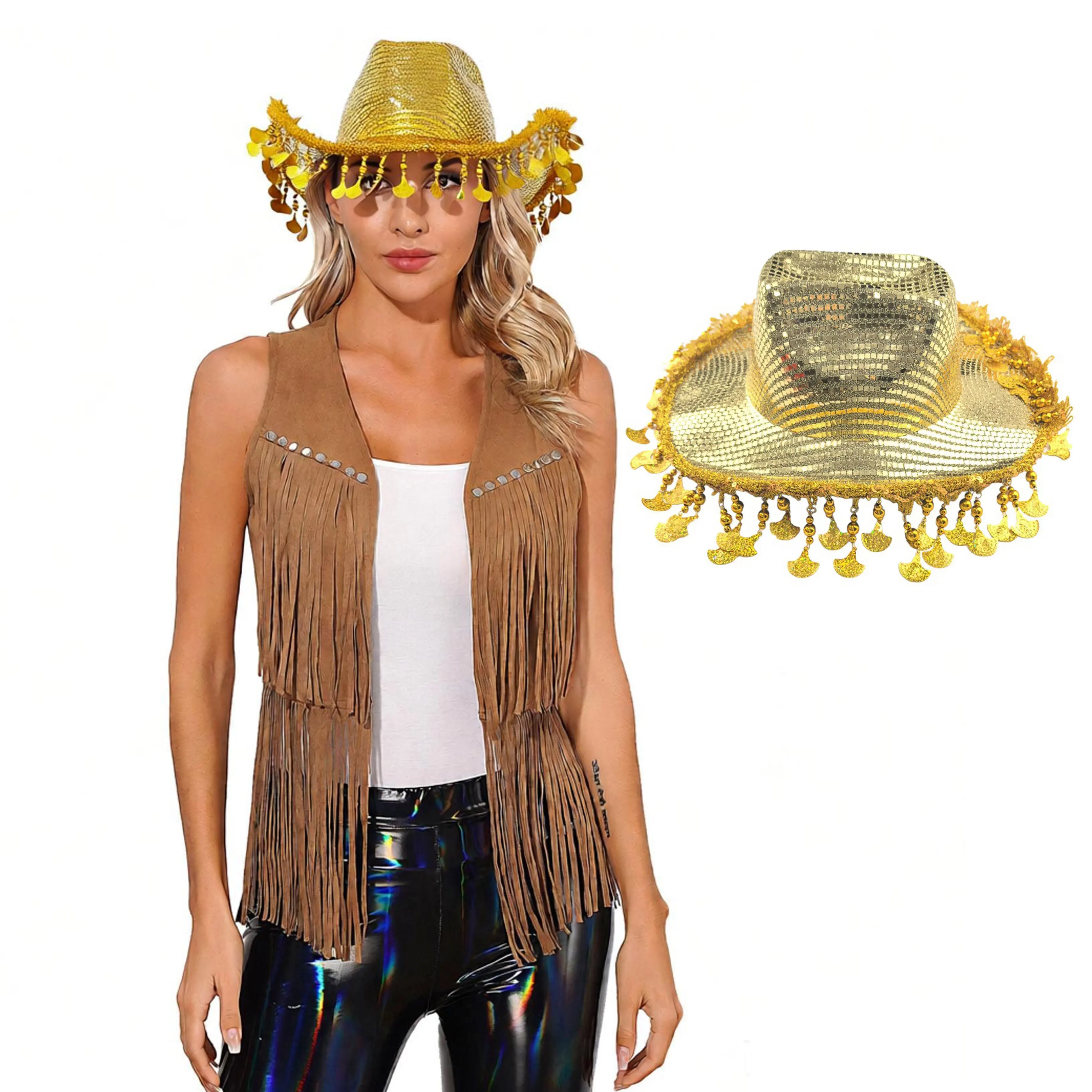 

Jazz Hat Women Western Cowboy Cowgirl Hat with Fringes Lasers Neon Hat for Western Country Themed Bachelorette Party Cowboy Hat