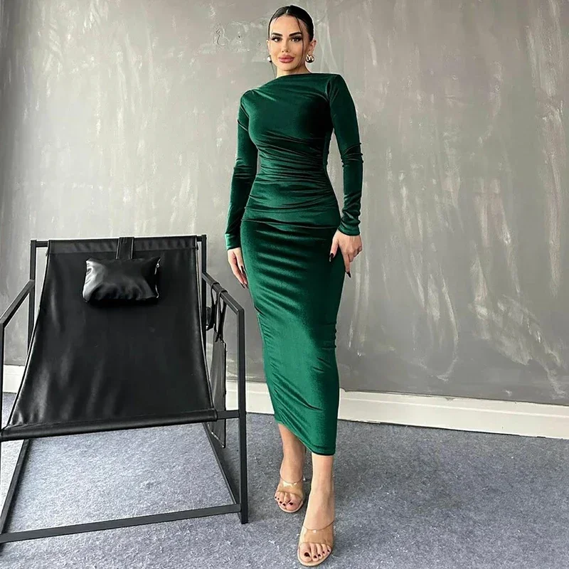 

Vintage Velvet Long Sleeve Midi Dress O-Neck Long Sleeve Ruched Bodycon Long Dress Elegant Autumn Winter Woman Dress