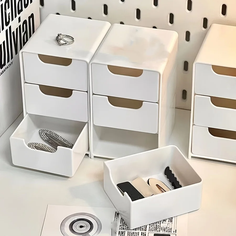 3-Tier Desktop Storage Box Plastic Cosmetic Organizer Desktop Drawer Type Sundries Jewelry Containers Craft Storage Supplies