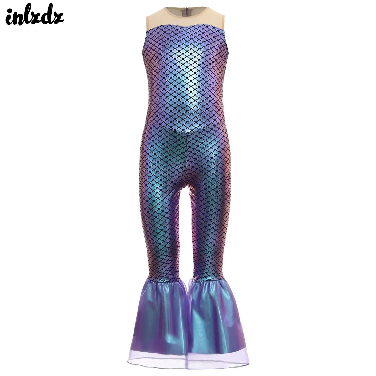 

Girls Mermaid Princess Cosplay Costume Carnival Anime Halloween Party Dress Up Outfits Fish Scales Print Flared Mermaid Jumpsuit