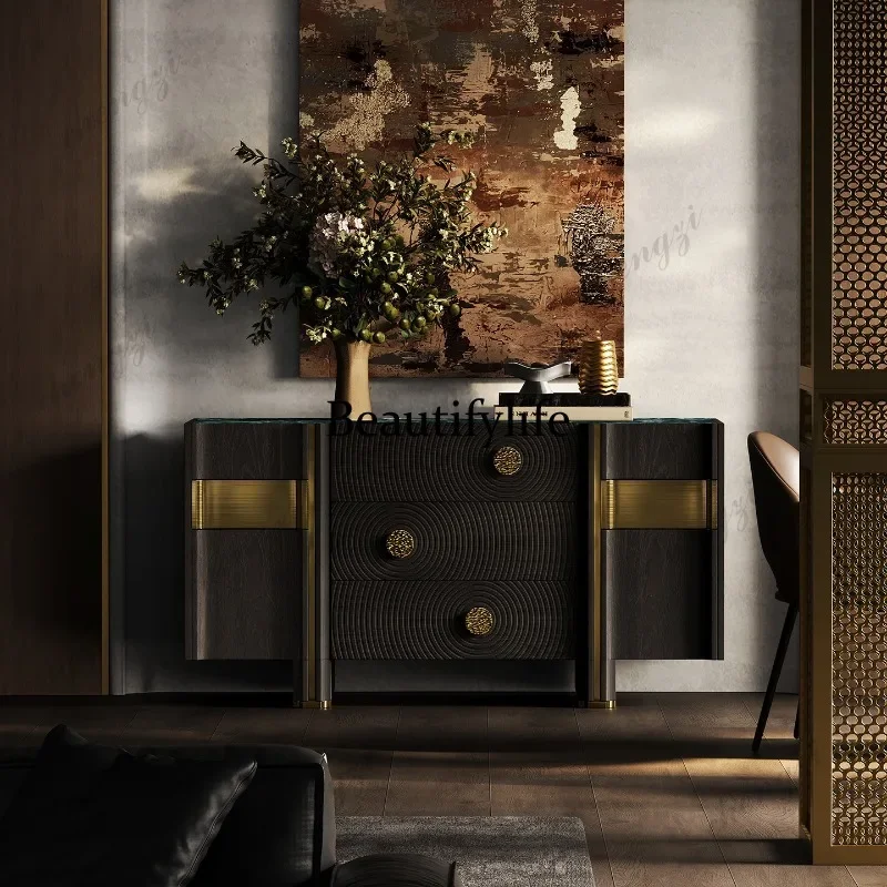 QQ Marble side cabinet light luxury North American black walnut high-end entrance cabinet storage chest cabinet