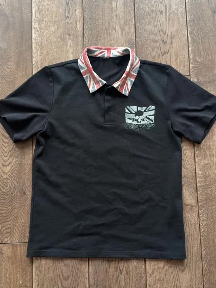 Unisex 2000s Grunge Y2K Retro Streetwear Union Jack Contrast Collar Distressed Graphic Short Sleeve Loose Polo T-Shirt