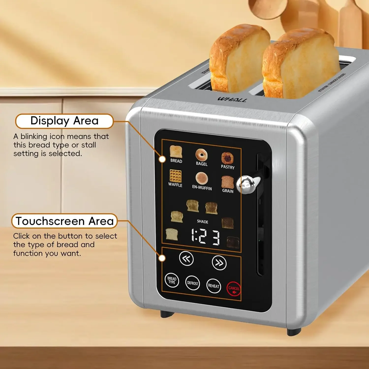 Touch Screen Toaster 2 Slice, Stainless Steel Digital Timer Toaster, 6 Bread Types & 6 Shade Settings, Smart Extra Wide Sl