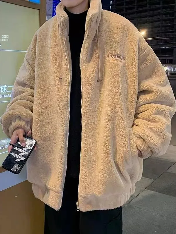 

Autumn Winter Lamb Velvet Jaet Men's Embroidered Stand Collar Loose Versatile Cotton Clothes Outerwear for Students