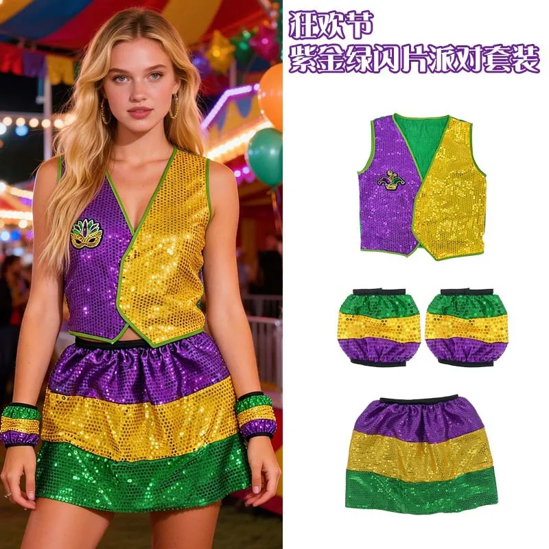 

Mardi Gras Sequin Costume Set for Women V-Neck Sleeveless Crop Top Color Block Mini Skirt Festival Sparkling Outfit