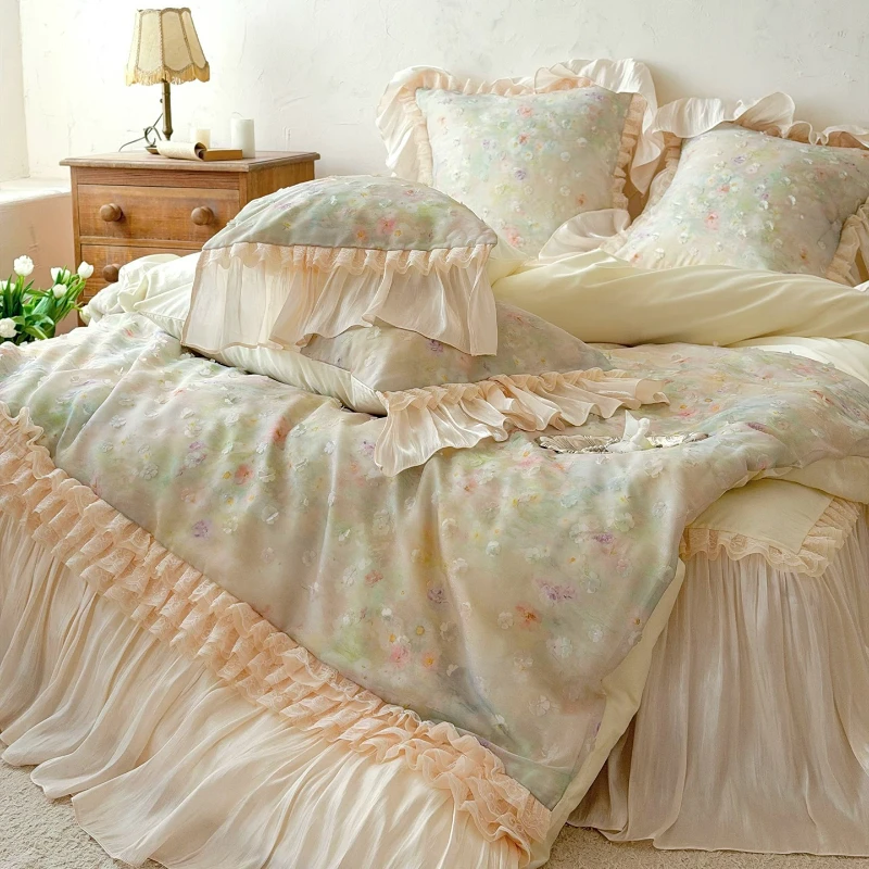 Romantic Long Staple Cotton Four Piece Set Pure Cotton Glass Yarn Three-dimensional Flower Duvet Cover Bed Skirt Bedding