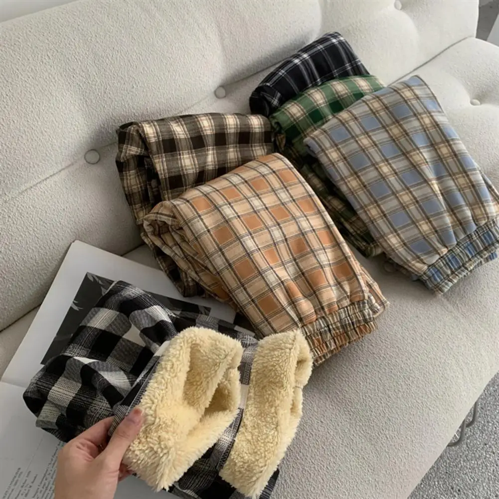 Women Winter Pants Plaid Print Thicken Plush High Waist Contrast Color Warm Elastic Waist Lady Winter Trousers for Daily Wear