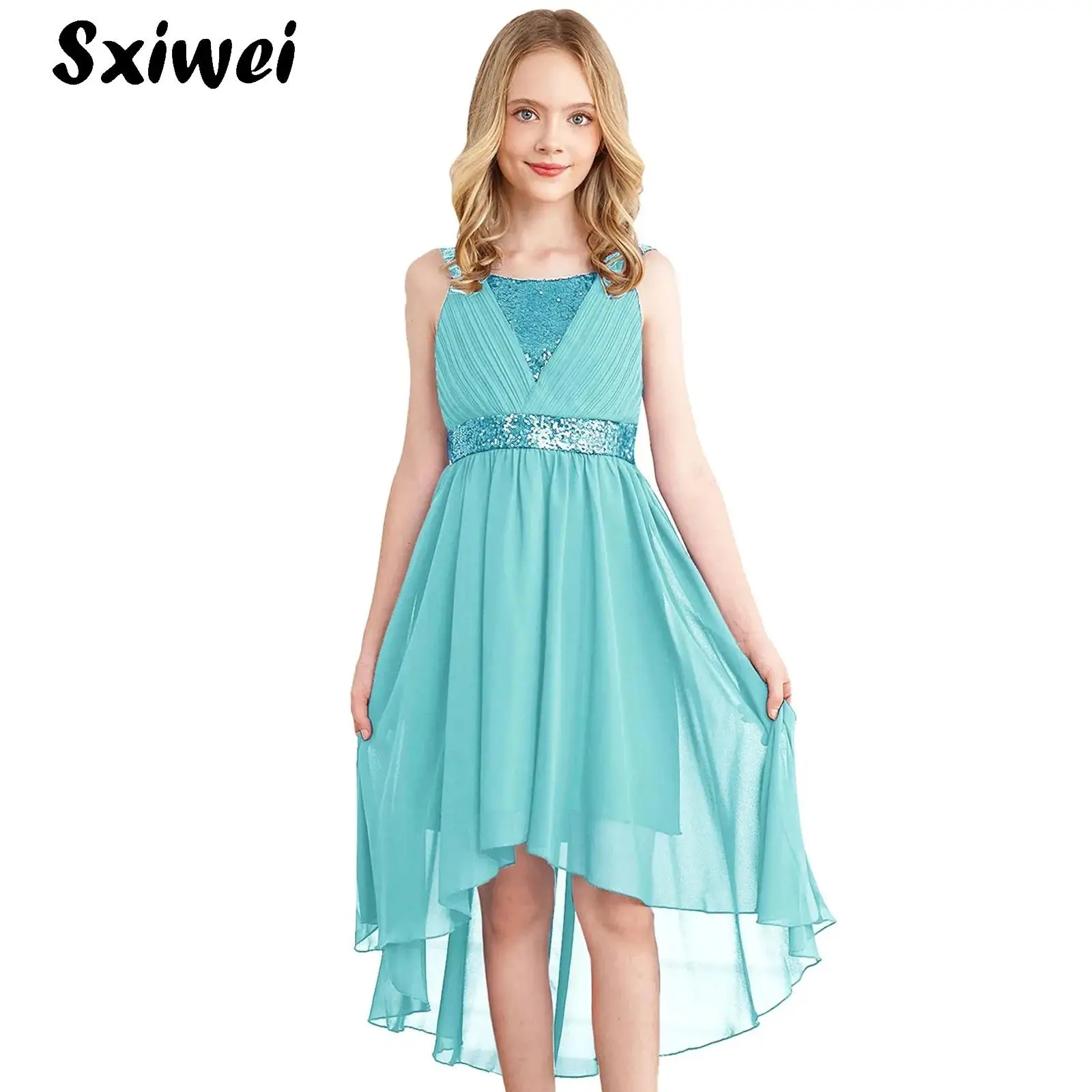 

Kids Flower Girls Dress Shiny Sequin Hi-low Hem Elegant Chiffon Princess Wedding Birthday Formal Party Prom Gown Maxi Dresses