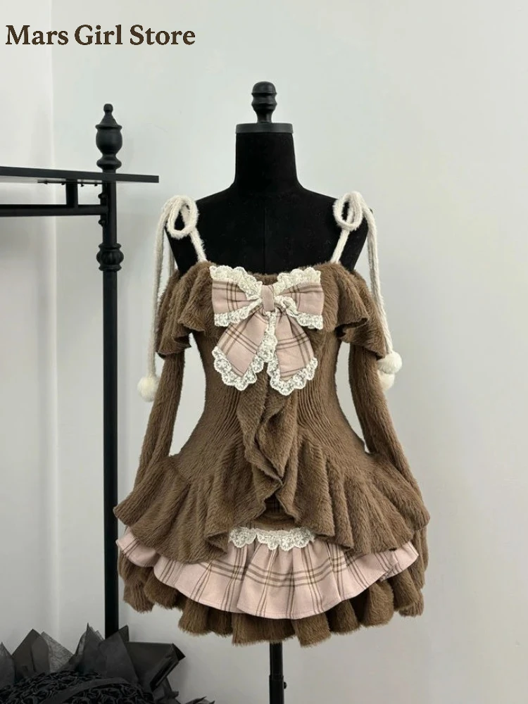 Japanische süße Lolita Frauen Herbst 2-teiliges Set Slash Neck süße Spitze Schleife Tops + karierten Kuchen Rock weibliche koreanische Kawaii Party Anzug