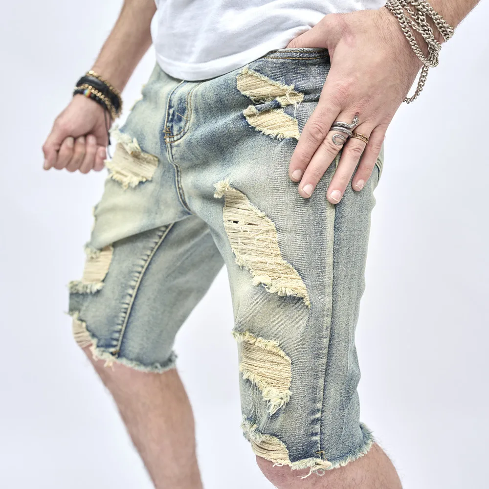 Summer Retro Style Ripped Men Slim Denim Shorts Stylish Cotton Men Street Holes Casual Beach Straight Shorts