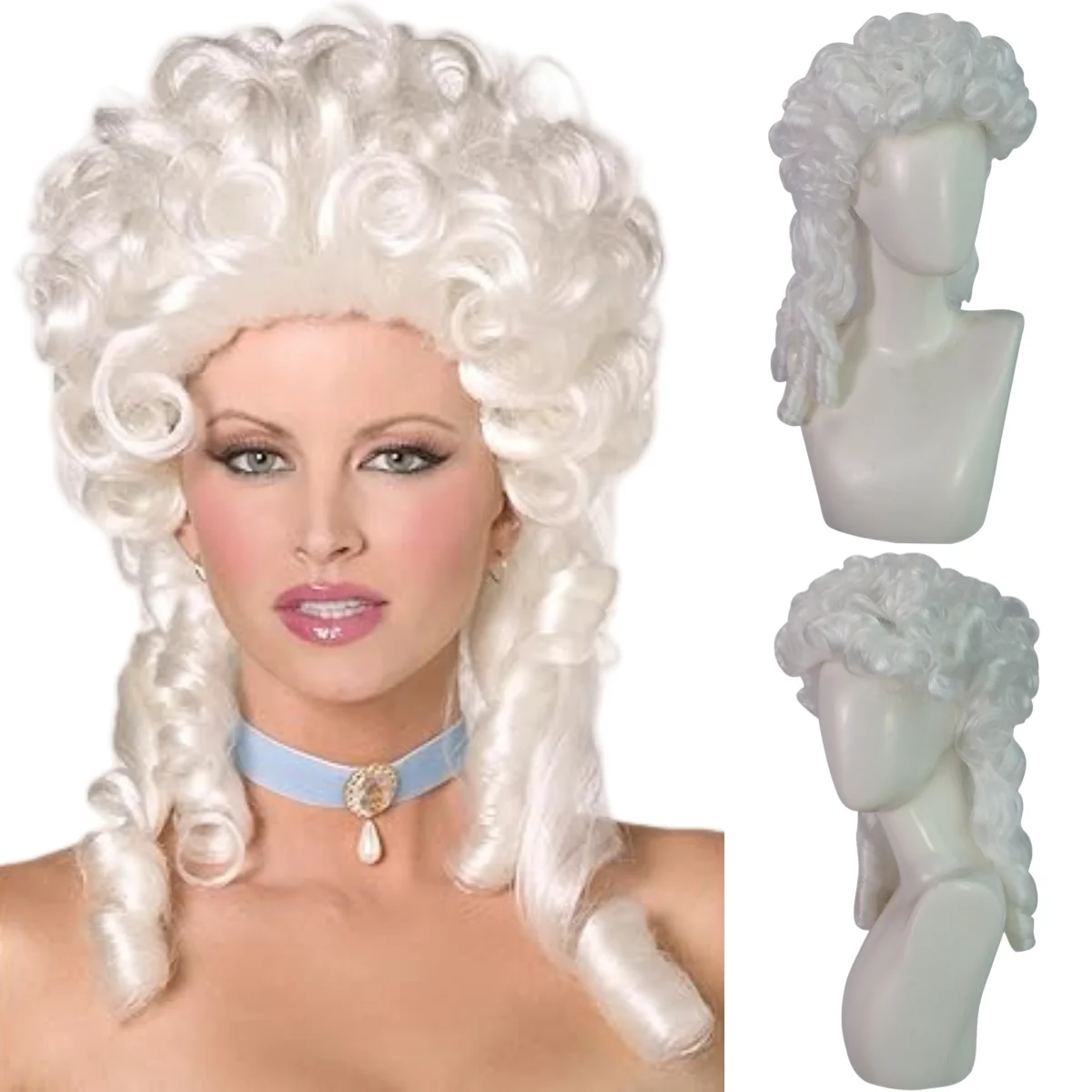 White Curly Wig, a fashionable Baroque-style wig for women's costume parties. Suitable for Halloween Christmas carnival