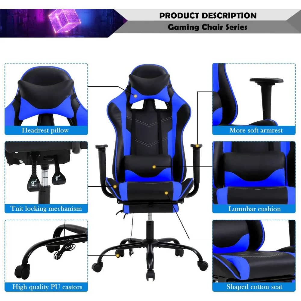Blue Massage Gaming Chair with Footrest, PU Leather Gaming Chairs for Adults, High Back Office Chair Ergonomic Desk Chair Comput