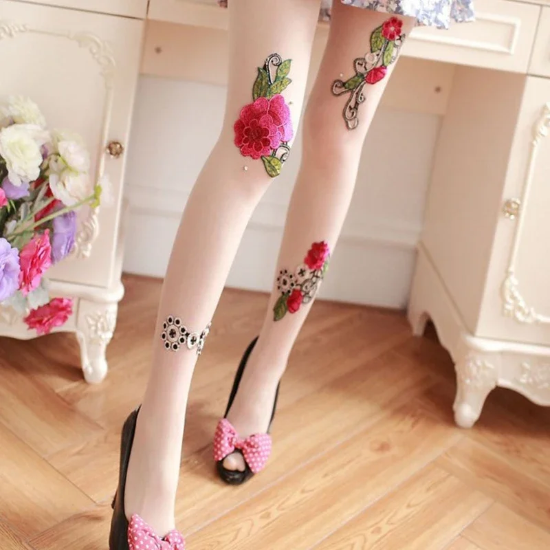 Women Sexy Pantyhose Tights Rhinestones Opaque Embroidery Flowers Transparent Stockings Female Sheer Footed with Reinforced Toes