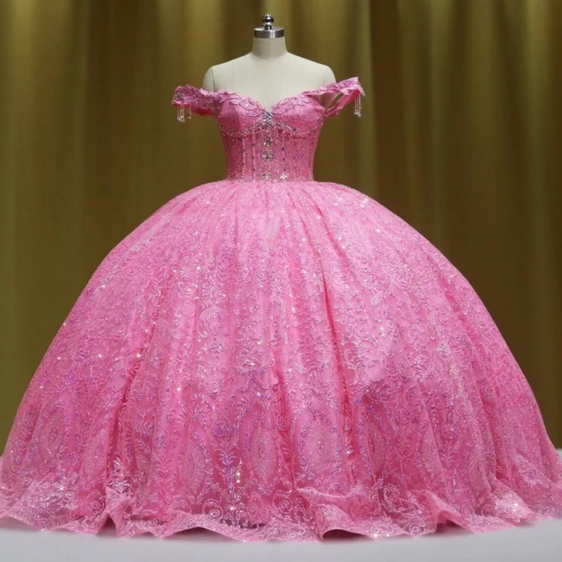 

Shiny Pink Quinceanera Dresses Off the Shoulder Crystal Glitter Decal Long tail Bow Vestidoe 15 Quinceanera Customize