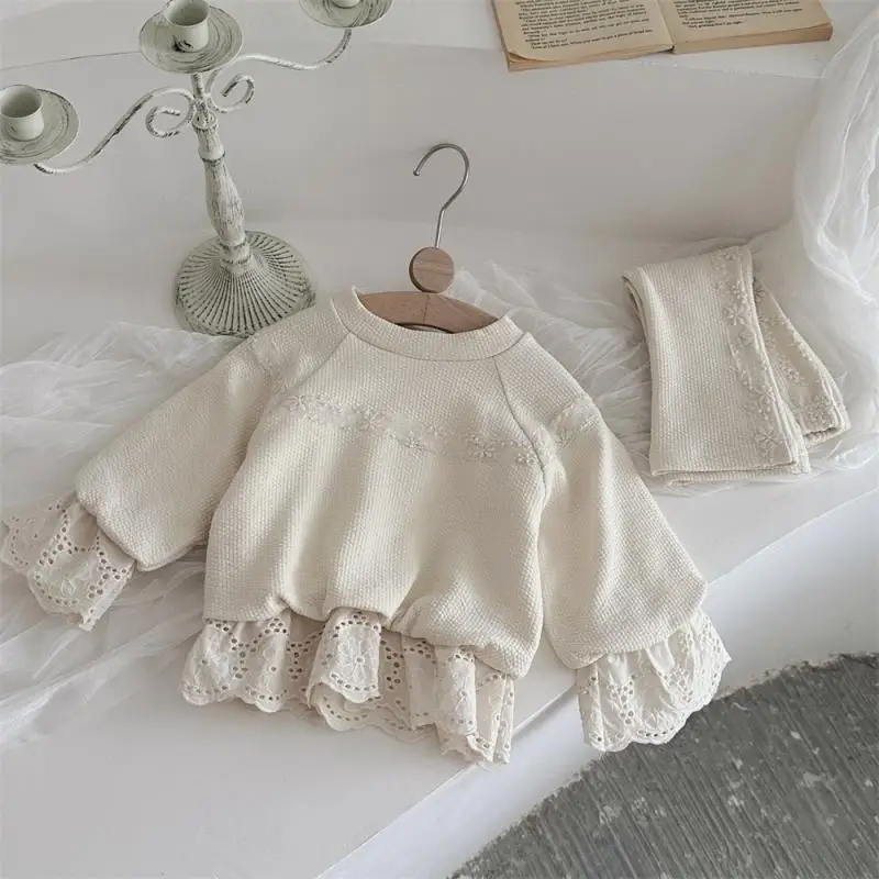 MiniAinis Autumn Winter New Baby Half High Collar Tops + Pants 2 Pieces Suit Lace Cuff Hem Long Sleeve Double Layer Clothing Set