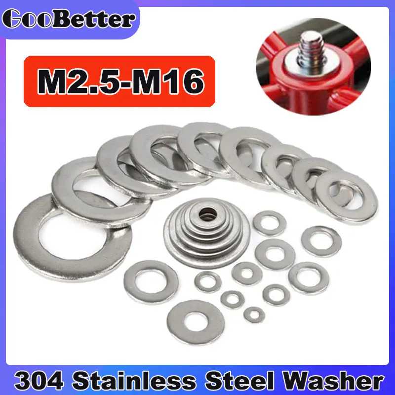 

304 Stainless Steel Washer M2.5 M3 M3.5 M4 M5 M6 M8 M10 M12 M14 M16 Solid Flat Washers Seal Ring Gasket For Nut And Bolt Screw