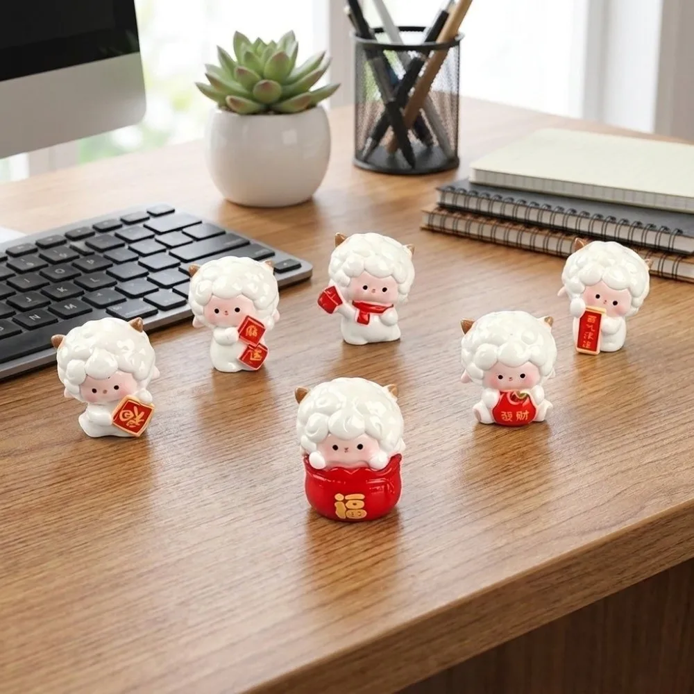6PCS Chinese Traditional Miniature Lamb Ornament Resin Festive Little Lamb Ornament Blessing Cartoon Zodiac Sheep Figurine