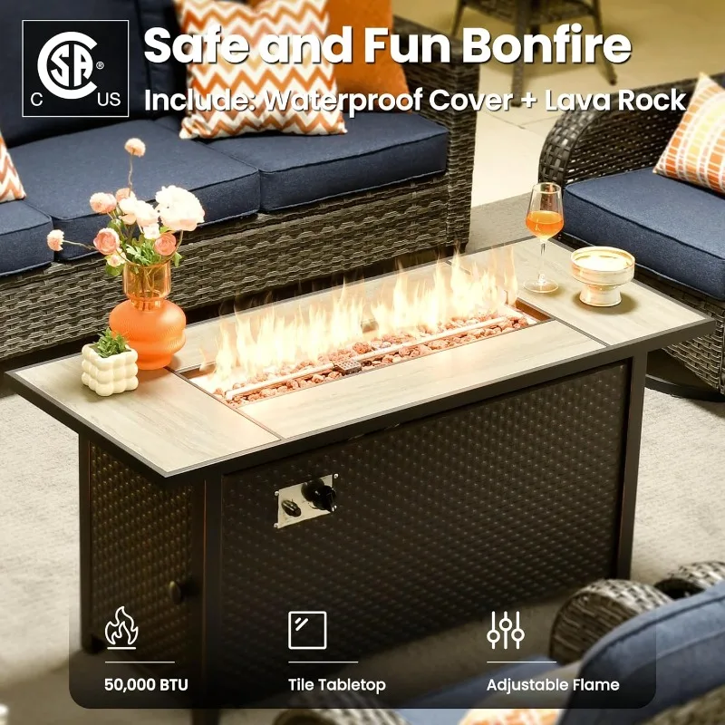 طقم أثاث للفناء مكون من 10 قطع، أريكة من الخيزران للاستخدام الخارجي مع كراسي دوارة هزازة وأضواء شمسية وطاولة ناري، دي حديث