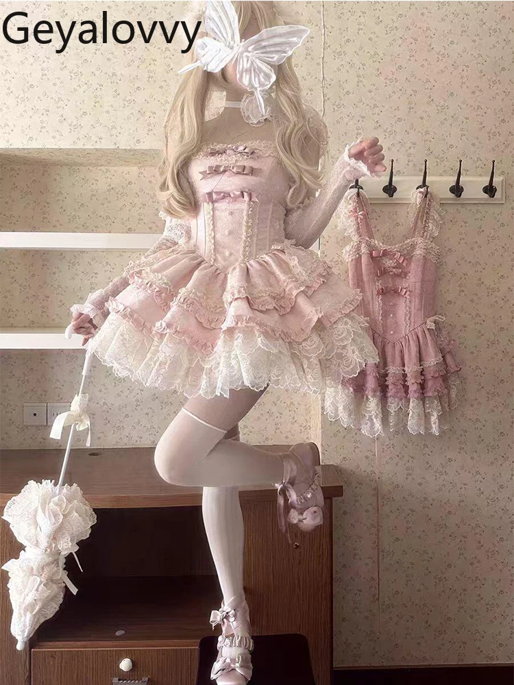 Robe Lolita japonaise sans manches JSK, coupe cintrée, douce, pour fête d'anniversaire, taille haute, coupe cintrée, moelleuse, courte, à bretelles, robes de princesse