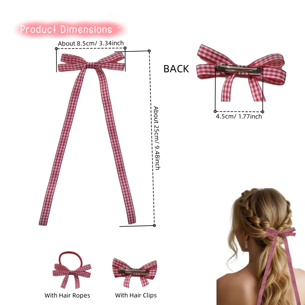 10PCS Women Girls Tassel Long Tail Streamer Bow Hair Clip Elastic Hairband Gingham Plaid Ribbon Bowknot Childrens Spring Hairpin