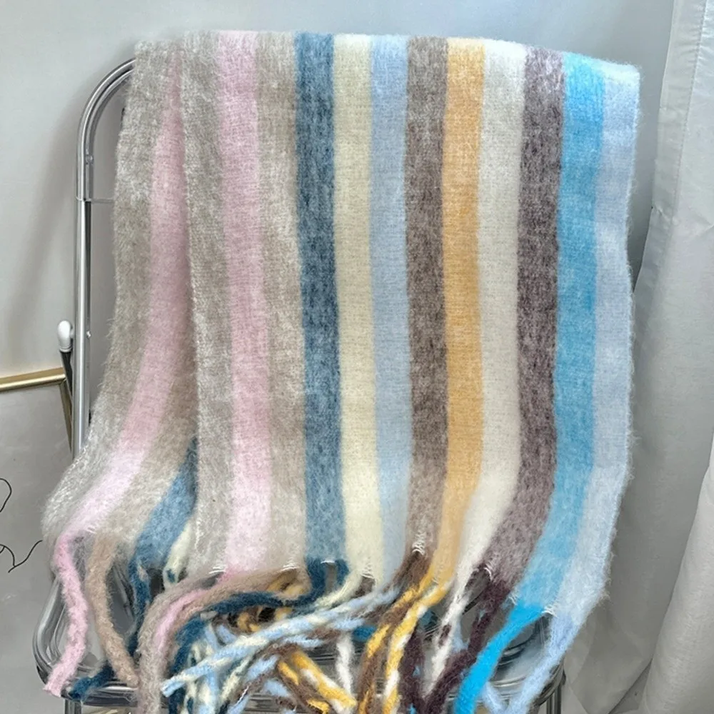 Fashionable Soft Grid Scarf Thickening Mohair Winter Cashmere Scarf Neck Warmer Rainbow Tassel Plaid Scarf for Women Men