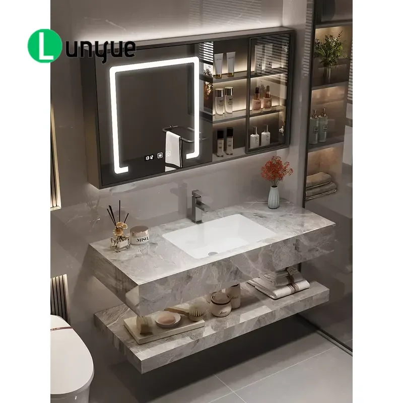 Rectangle Quartz Stone Bathroom Washstand Set Seamless Integrated Ceramic Basin Wall Mounted 900mm for Hotel Home Modern