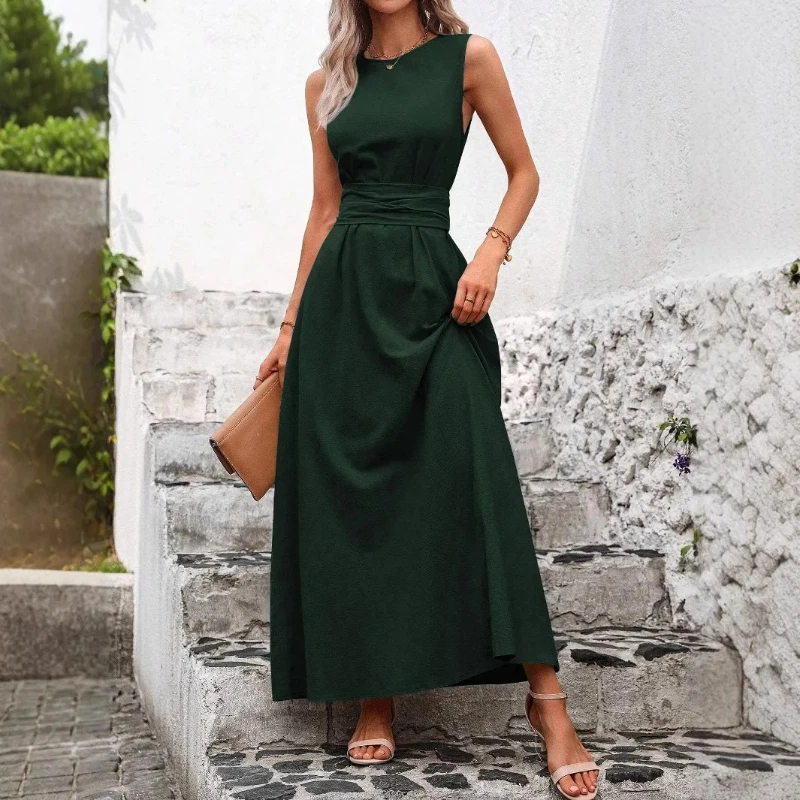 

A Solid Color Round-neck Waistband Sleeveless Loose and Casual Dress for Women in Spring and Summer 2025 with A Long Style