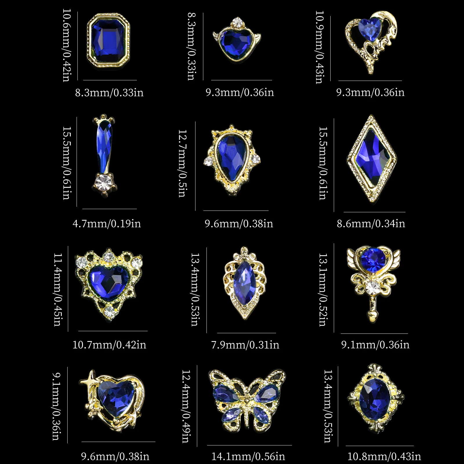 12-grid luxury alloy Klein blue glass diamond nail charms various styles of nail rhinestones suitable for DIY nail decoration