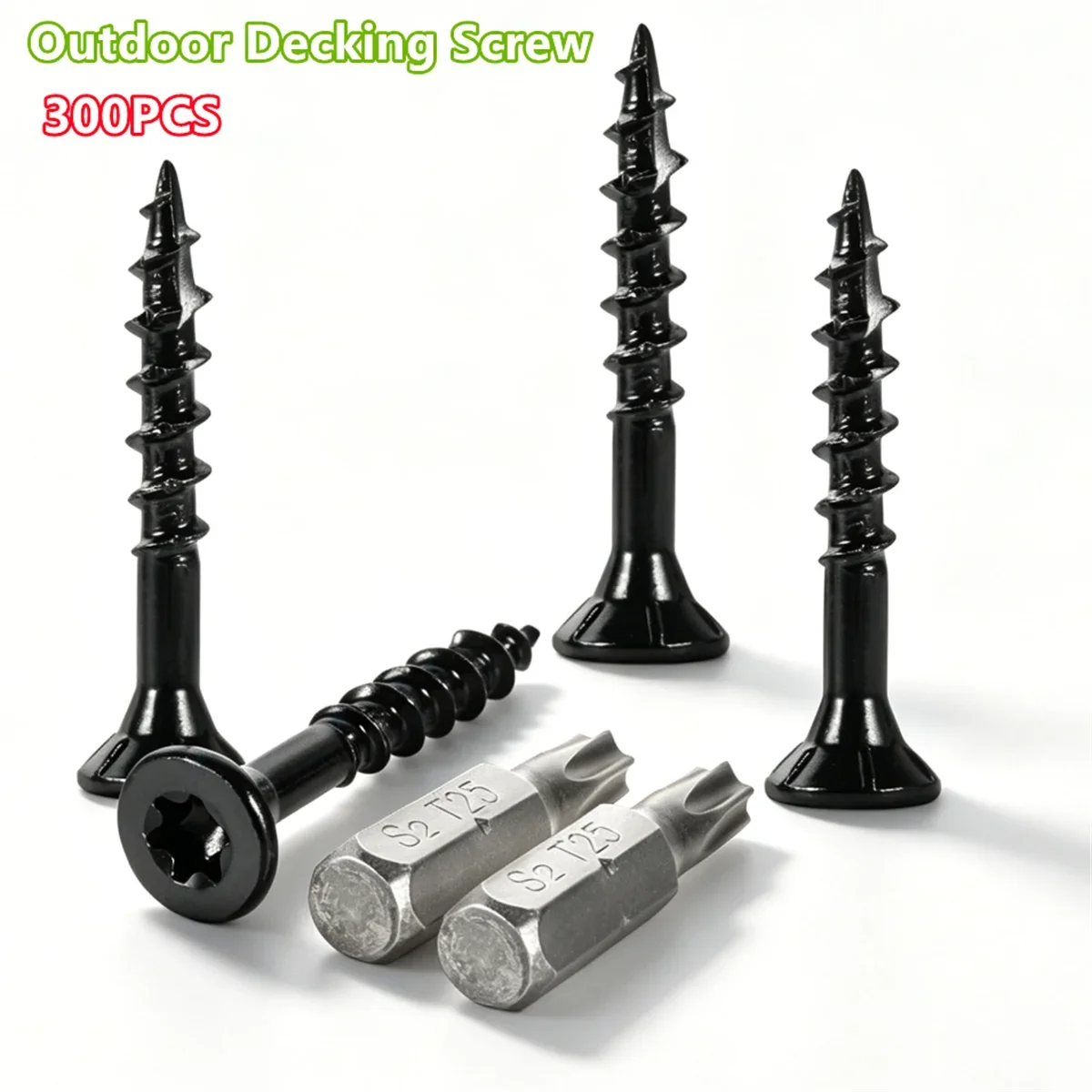 300Pcs Outdoor Decking Screws Set 8 x 1-1/4 Inch T25 Torx Drive Flat Counter Sunk Wood Screws Coated Anti Rust with 2 T25 Bits