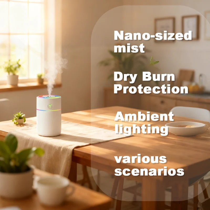 مرطب هواء صغير بالموجات فوق الصوتية USB قابل لإعادة الشحن ملون LED ضوء بخاخ رذاذ بارد هادئ محمول لسطح المكتب وغرفة النوم والمنزل