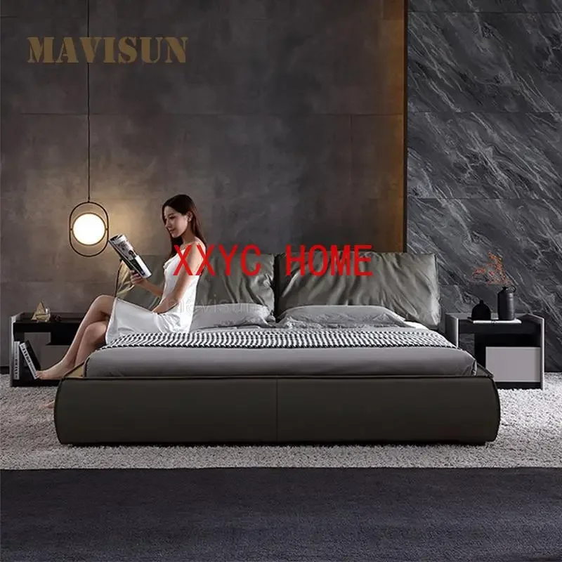 American Minimalist Leather Double Bed King Queen Size Master Bedroom Antique Wooden Furniture Post-Modern Luxury Wedding Bed