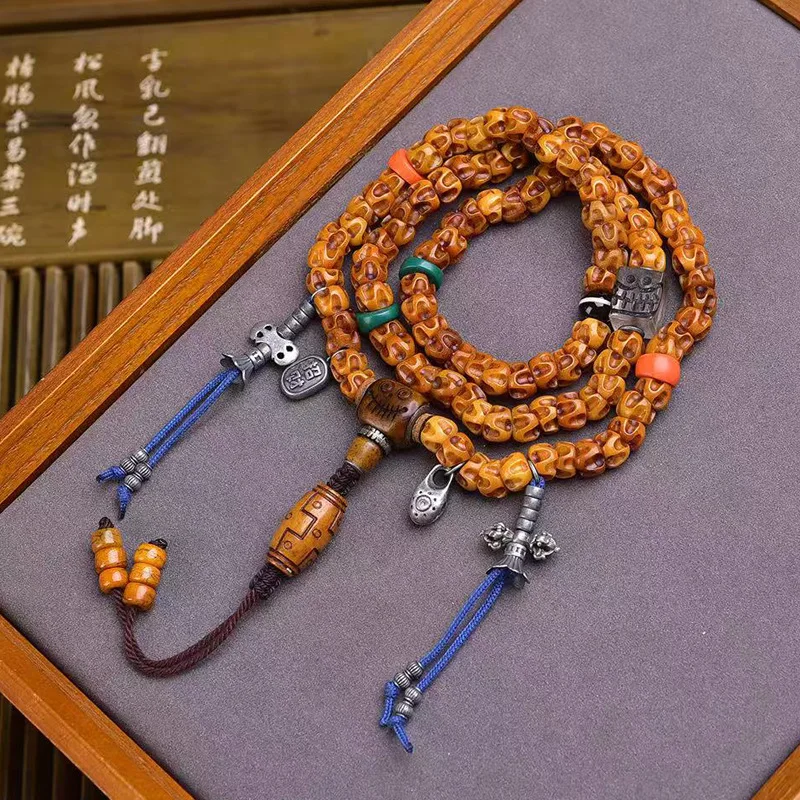 Tibetan-style engraved , 108 Buddhist prayer beads, neck pendant, yak bone agate dzi bead accessories