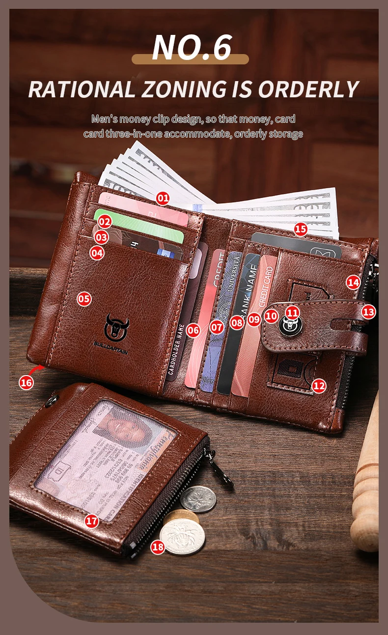 BULLCAPTAIN Herren-Geldbörse aus echtem Leder, Business-Retro-Schnapp-Geldbörse, multifunktionale RFID-Anti-Diebstahl-Reißverschluss-Geldbörse mit mehreren Karten – Detail 8