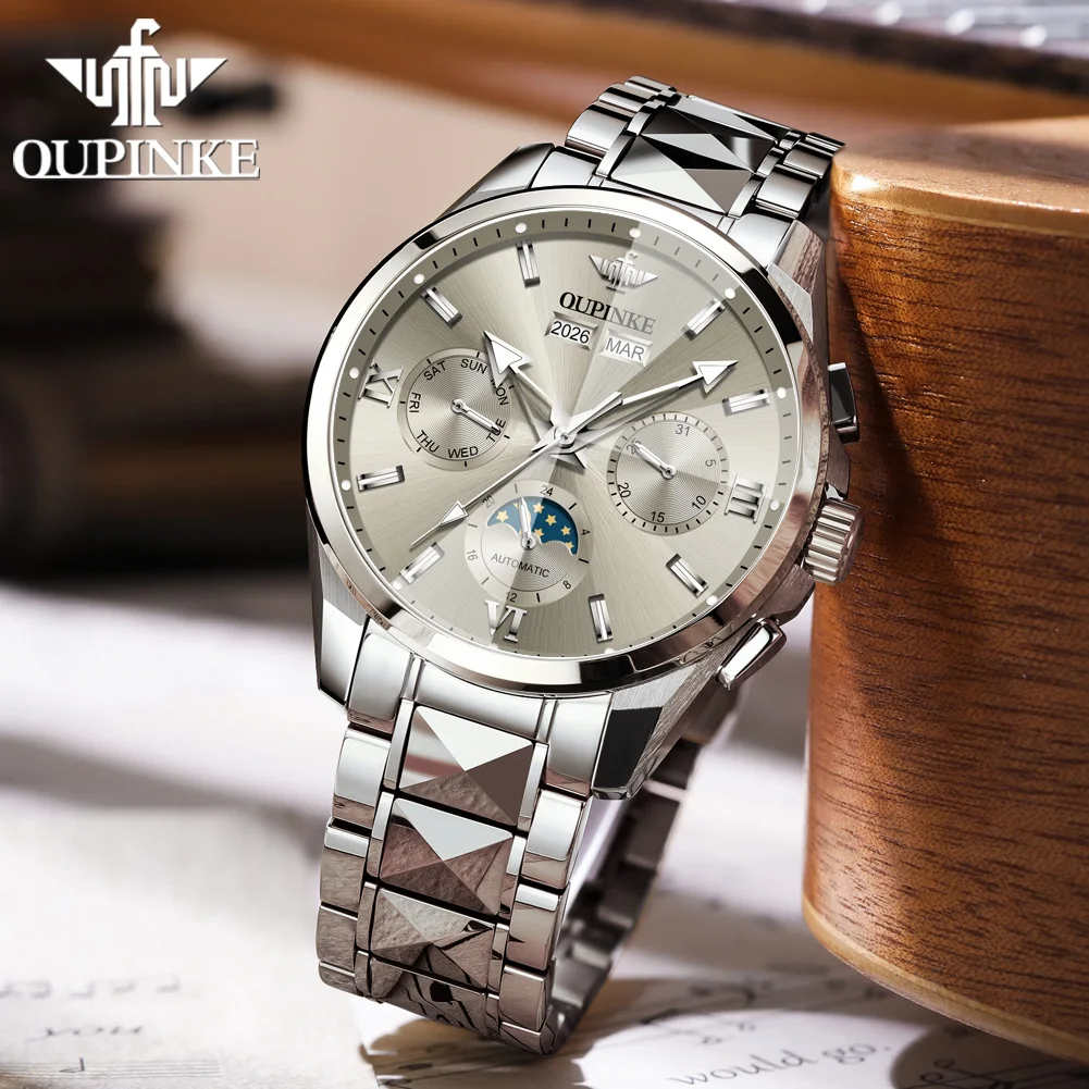 OUPINKE 3325 Brand Men Mechanical Watch Calendar Window Night Light Function Tungsten Steel Bracelet 50m Waterproof Watch