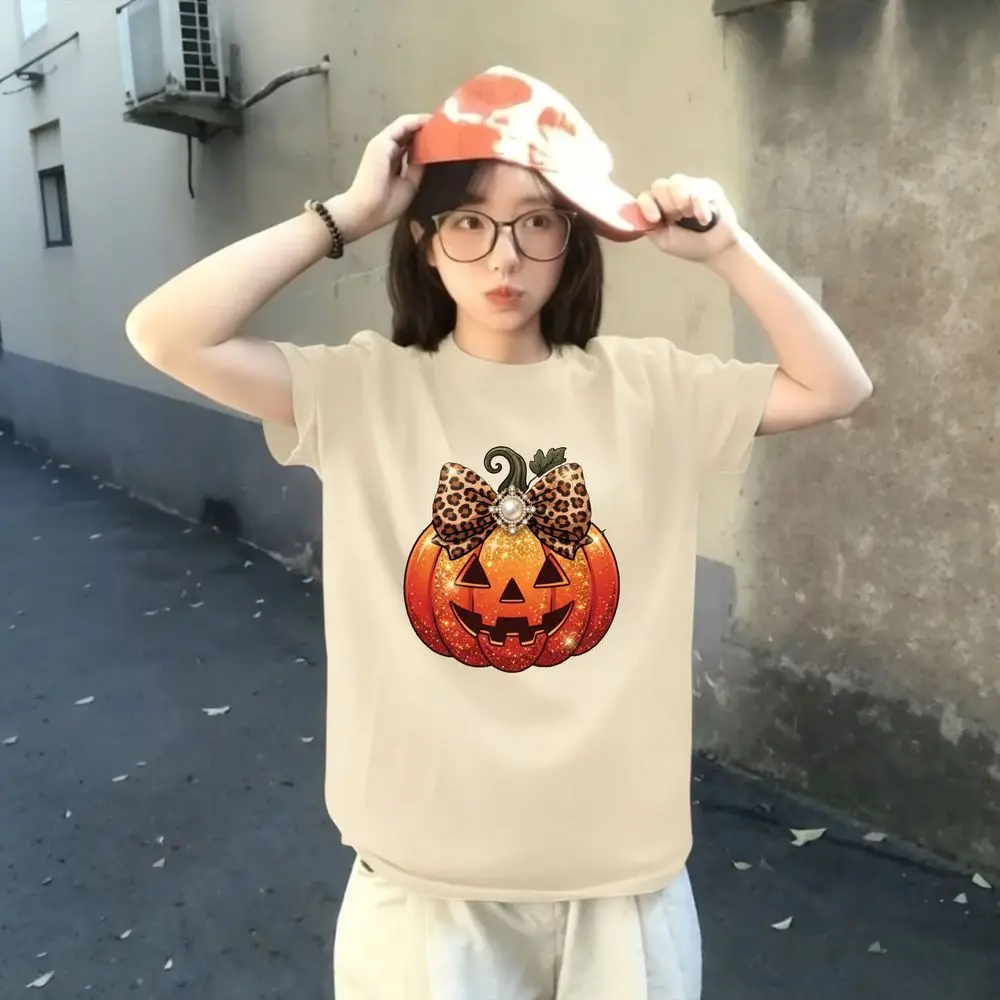 Halloween Shining Pumpkin Lantern Print T-Shirt Women Halloween Short Sleeve Glitter Print Autumn Holiday Tee Casual Fashion Top
