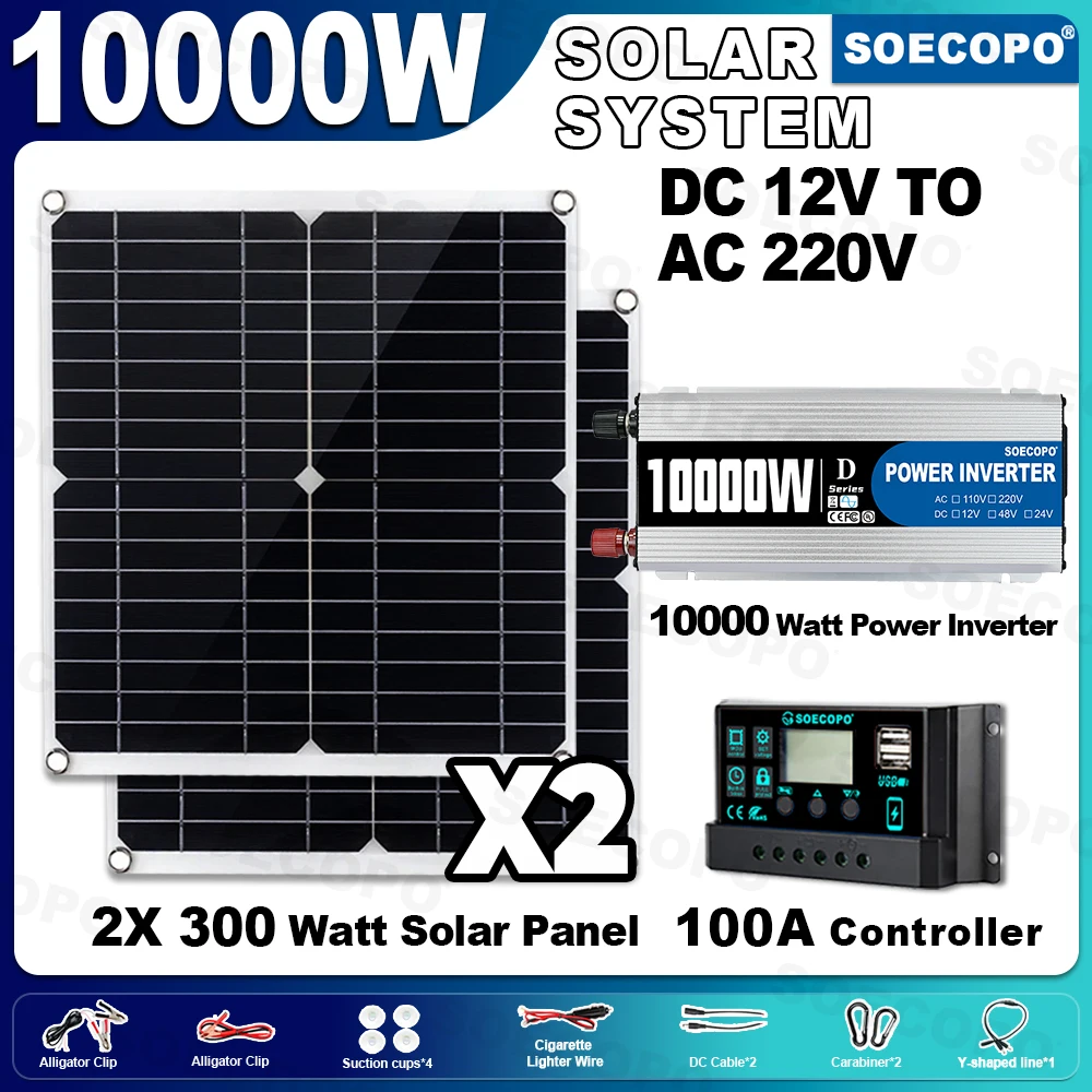 

SOECOPO 10000W Full Solar System Kit 2×300W Panels DC 12V To AC 110V/220V Inverter 100A Controller Car/RV Solar for Home Camping