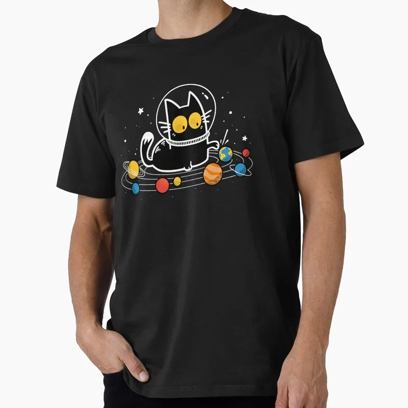 Cat Among the Planets - Space Kitten Black Cat Gift T Shirt Funny Cat Lover Tee Unise Short Sleeve Cute Tops S-6XL