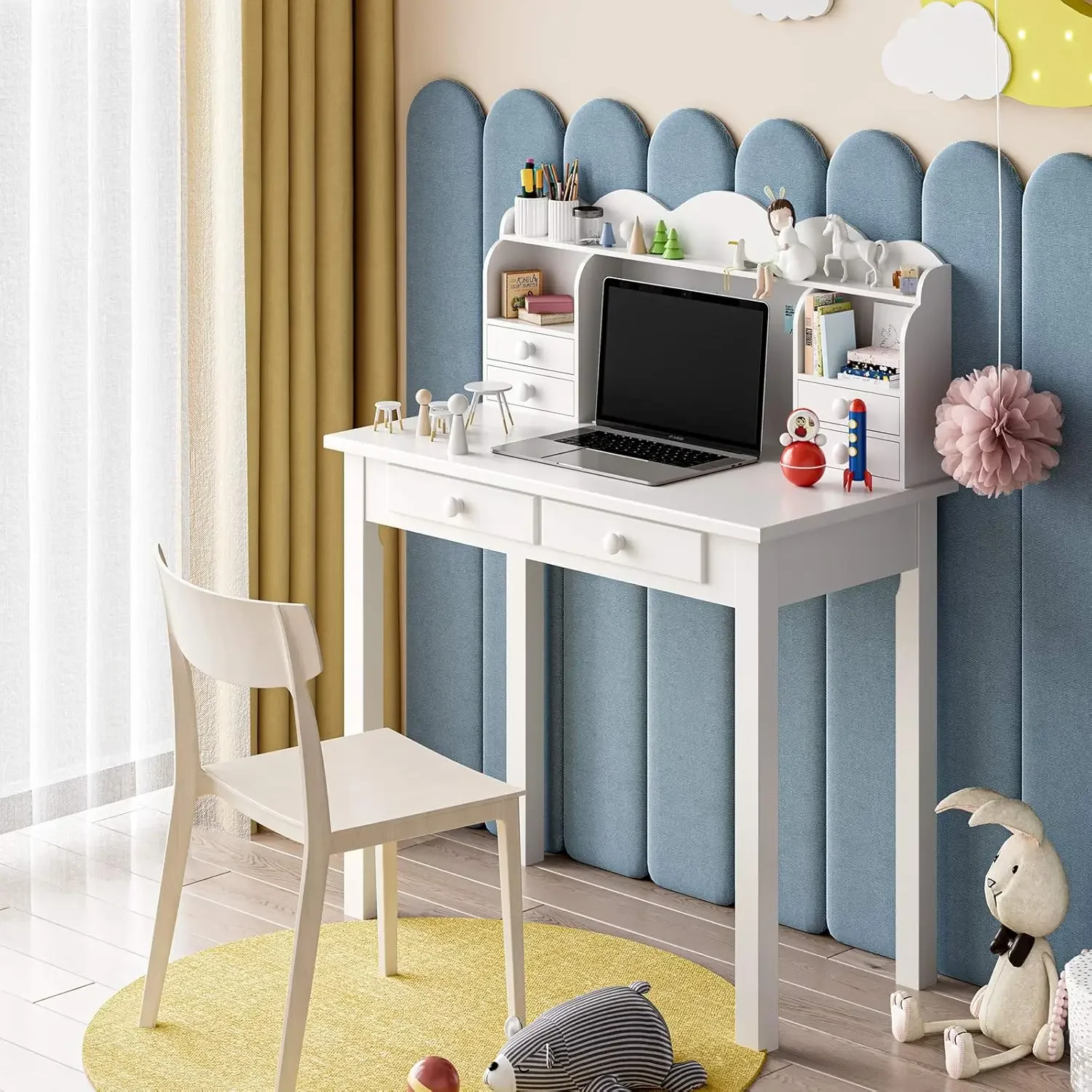 Small White Writing Desk with Hutch and USB Ports, 31.5 inch Home Office Desk with Drawers, Study Table for Kids/Studen