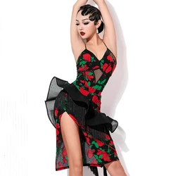 2024 New Latin Dance Competition Clothing For Women Sexy Sling Tops Fishbone Split Skirt Suit Chacha Rumba Latin Dress DQS16034