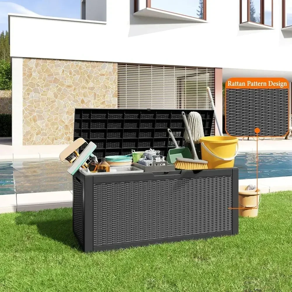 100 Gallon Lockable Outdoor Resin Deck Box for Patio Storage, Garden Tools, and Furniture - Black