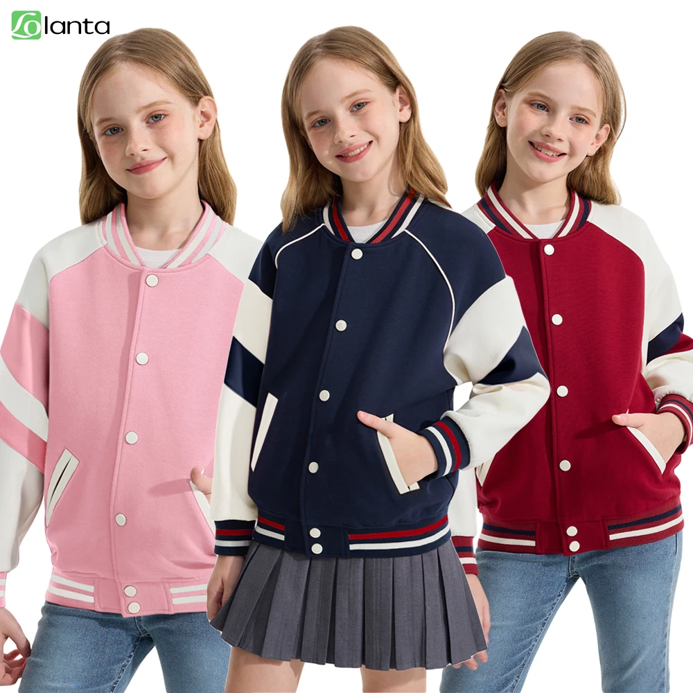 LOlanta Girls Varsity Jackets Baseball Bomber Color Block Letterman Jacket Outwear With Pockets 7-15 Years