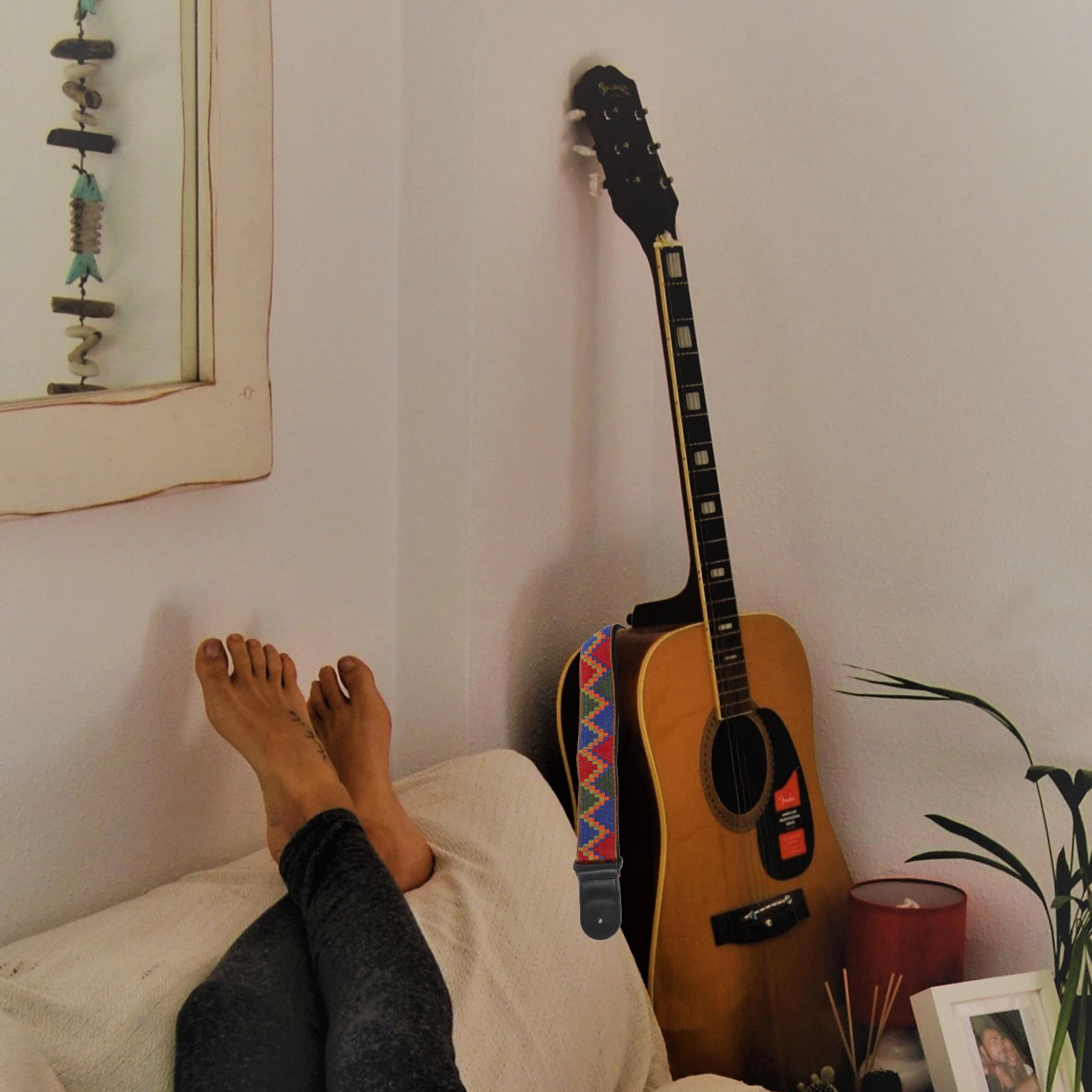 기타 스트랩 조정 가능한 보헤미아 스타일 전기 기타 용 내구성 나일론 우쿨렐레 휴대용 어깨 벨트 음악 공연 야외