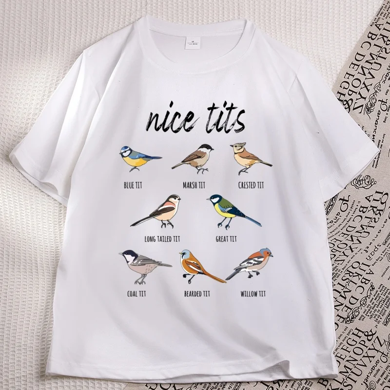 Nice Tits Funny Bird Watching Graphic T Shirts Cotton Short Sleeve Round Neck Printed T-shirt Men Women Comfortable Tshirts